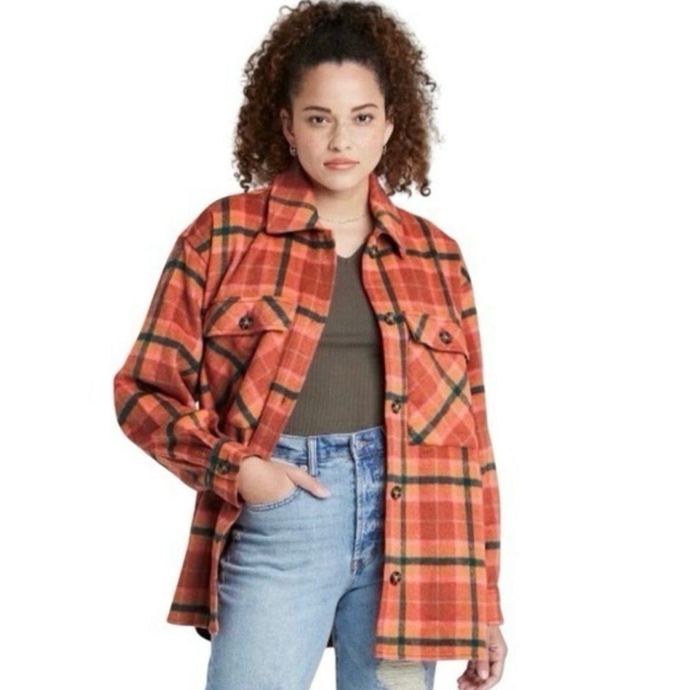 Wild Fable Women's Orange Plaid Shirt Jacket Long Sleeve Button Up Shacket Small